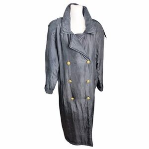 Vintage Black 100% Silk Trench Coat with Gold Buttons